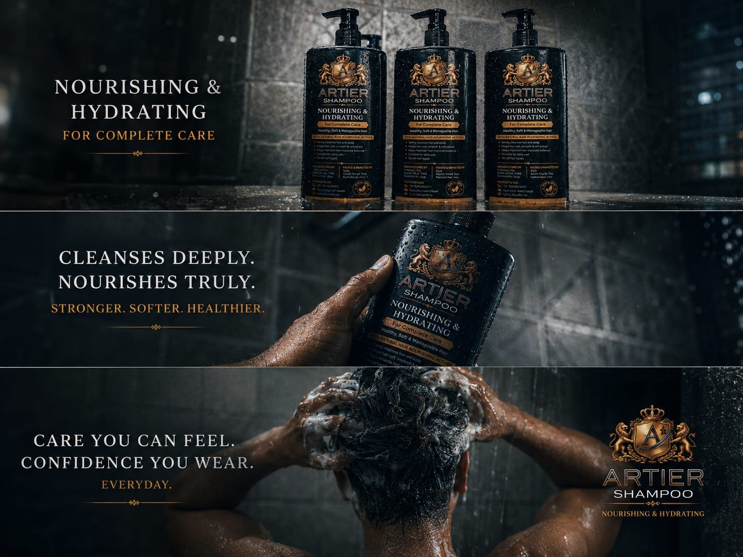 ARTIER Shampoo: three 500ml bottles in a shower, a bottle held under running water, and a person washing their hair with it. Nourishing and hydrating, for complete care.